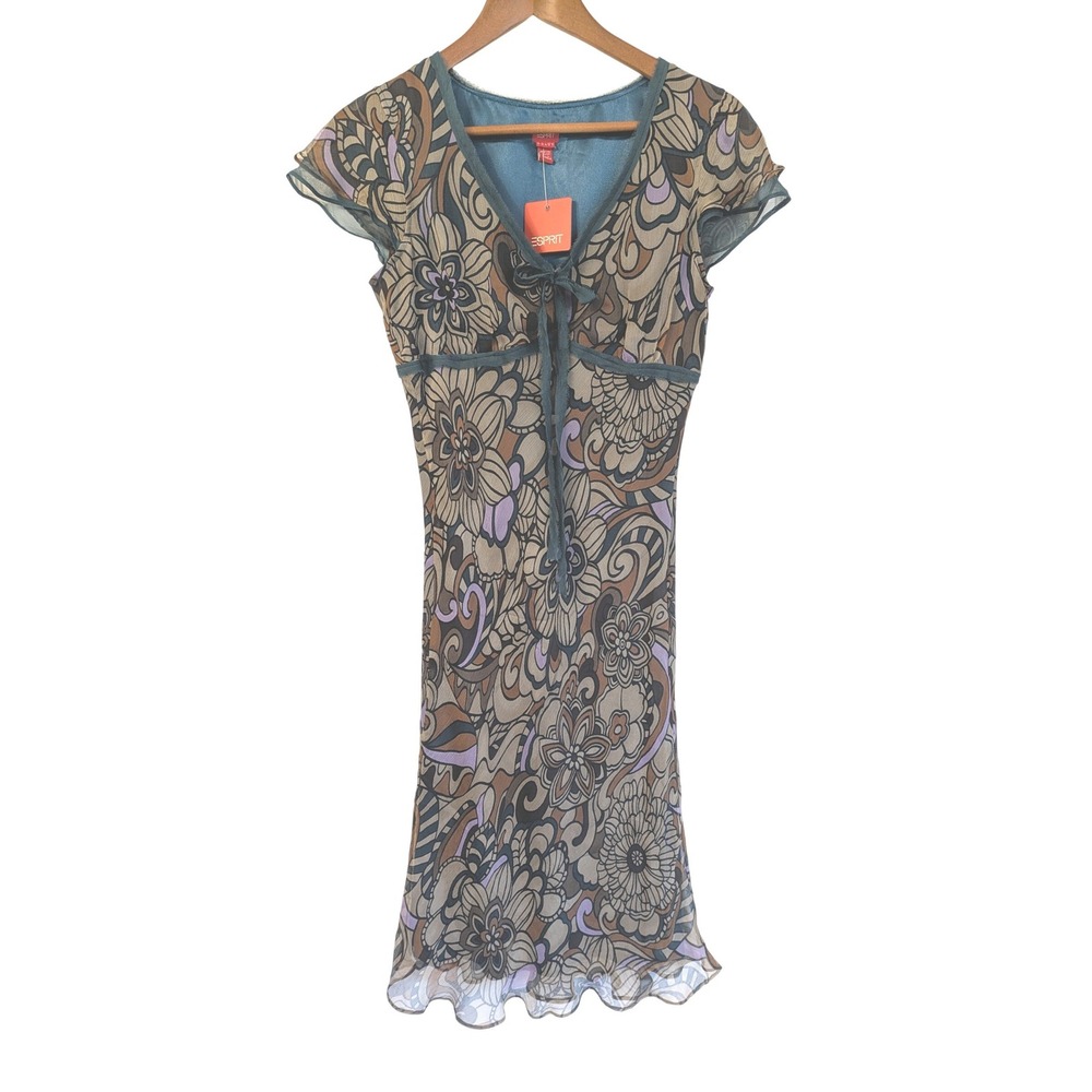 Esprit 100% Silk Floral Dress Y2K Whimsigoth Boho Romantic Sheer Tie Front Sz 6
